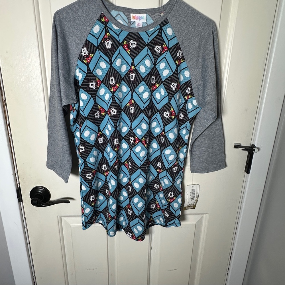 LuLaRoe Women’s Mickey Mouse Shirt with Blue and Gray Geometric Design